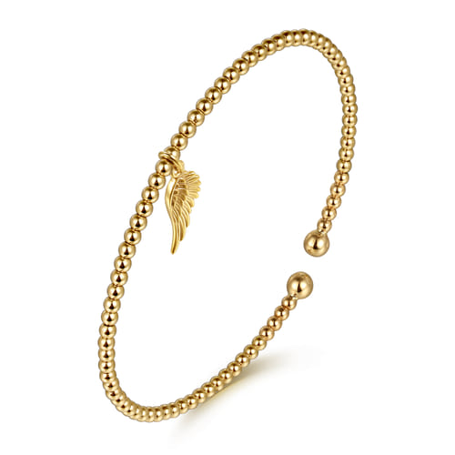 14K Yellow Gold Bujukan Beaded Angel Wing Charm Cuff Bangle Bracelet