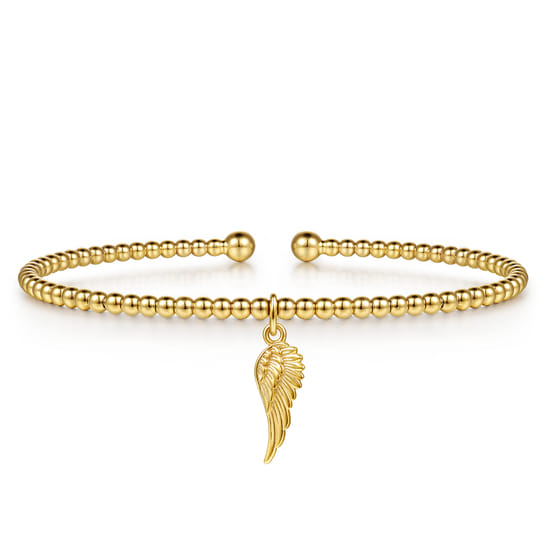 14K Yellow Gold Bujukan Beaded Angel Wing Charm Cuff Bangle Bracelet 14K Yellow Gold Bujukan Beaded Angel Wing Charm Cuff Bangle Bracelet