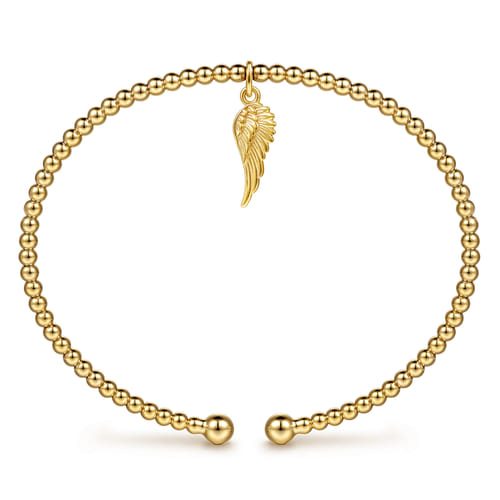 14K Yellow Gold Bujukan Beaded Angel Wing Charm Cuff Bangle Bracelet