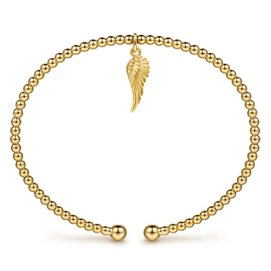 14K Yellow Gold Bujukan Beaded Angel Wing Charm Cuff Bangle Bracelet angle 3 14K Yellow Gold Bujukan Beaded Angel Wing Charm Cuff Bangle Bracelet angle 3