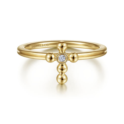 14K Yellow Gold Bujukan Beaded Diamond Cross Ring