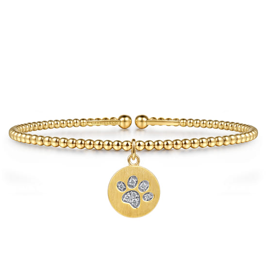 14K Yellow Gold Bujukan Beaded Diamond Paw Charm Cuff Bangle Bracelet 14K Yellow Gold Bujukan Beaded Diamond Paw Charm Cuff Bangle Bracelet
