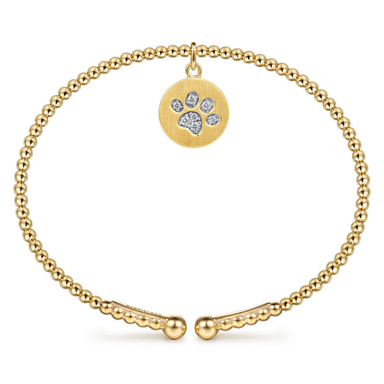 14K Yellow Gold Bujukan Beaded Diamond Paw Charm Cuff Bangle Bracelet angle 3 14K Yellow Gold Bujukan Beaded Diamond Paw Charm Cuff Bangle Bracelet angle 3