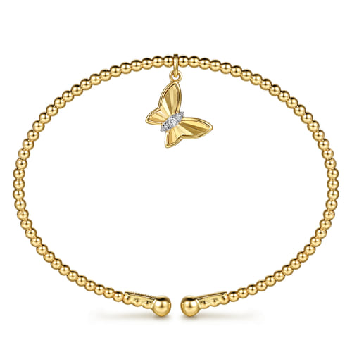 14K Yellow Gold Bujukan Beaded Diamond and Diamond Cut Butterfly Charm Cuff Bangle Bracelet