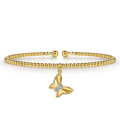 14K Yellow Gold Bujukan Beaded Diamond and Diamond Cut Butterfly Charm Cuff Bangle Bracelet