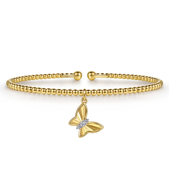 14K Yellow Gold Bujukan Beaded Diamond and Diamond Cut Butterfly Charm Cuff Bangle Bracelet 14K Yellow Gold Bujukan Beaded Diamond and Diamond Cut Butterfly Charm Cuff Bangle Bracelet