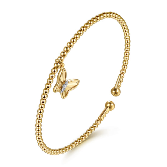 14K Yellow Gold Bujukan Beaded Diamond and Diamond Cut Butterfly Charm Cuff Bangle Bracelet angle 2 14K Yellow Gold Bujukan Beaded Diamond and Diamond Cut Butterfly Charm Cuff Bangle Bracelet angle 2