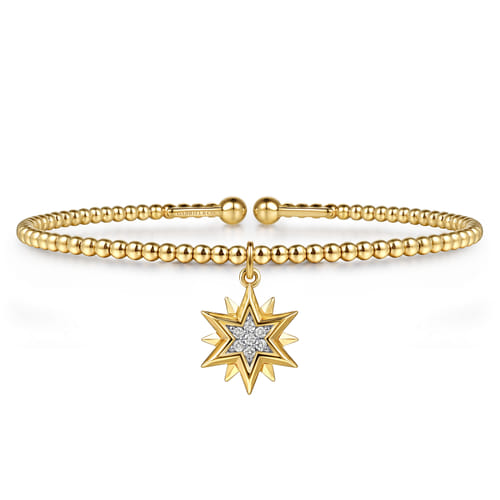 14K Yellow Gold Bujukan Beaded Diamond and Diamond Cut Starburst Charm Cuff Bangle Bracelet