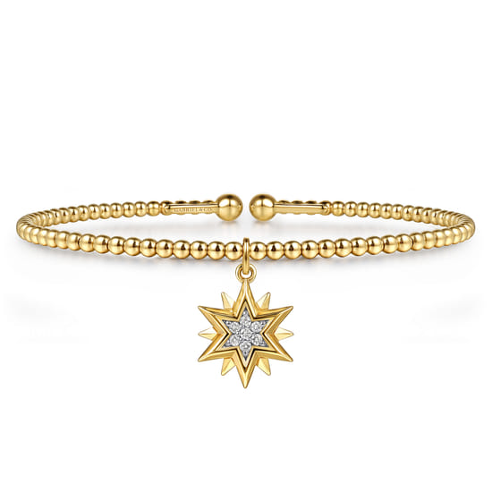 14K Yellow Gold Bujukan Beaded Diamond and Diamond Cut Starburst Charm Cuff Bangle Bracelet 14K Yellow Gold Bujukan Beaded Diamond and Diamond Cut Starburst Charm Cuff Bangle Bracelet