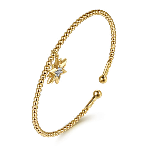 14K Yellow Gold Bujukan Beaded Diamond and Diamond Cut Starburst Charm Cuff Bangle Bracelet