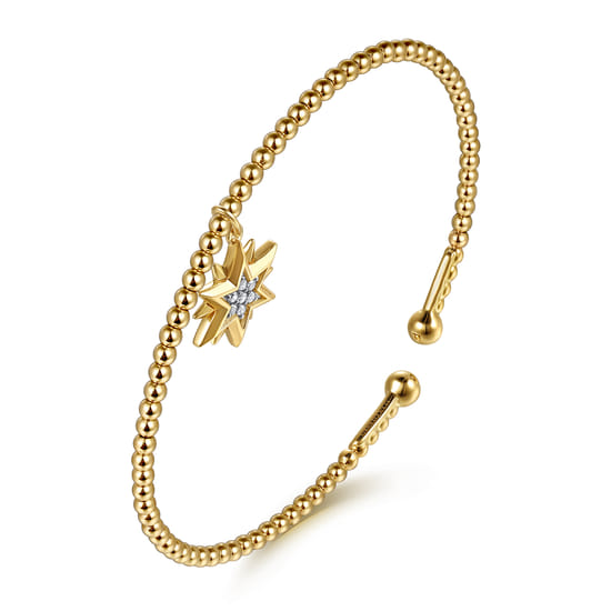 14K Yellow Gold Bujukan Beaded Diamond and Diamond Cut Starburst Charm Cuff Bangle Bracelet angle 2 14K Yellow Gold Bujukan Beaded Diamond and Diamond Cut Starburst Charm Cuff Bangle Bracelet angle 2
