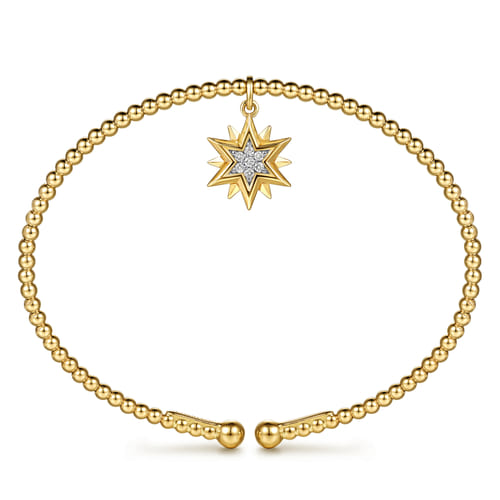 14K Yellow Gold Bujukan Beaded Diamond and Diamond Cut Starburst Charm Cuff Bangle Bracelet