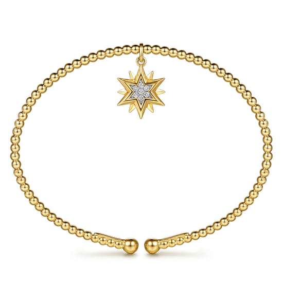 14K Yellow Gold Bujukan Beaded Diamond and Diamond Cut Starburst Charm Cuff Bangle Bracelet angle 3 14K Yellow Gold Bujukan Beaded Diamond and Diamond Cut Starburst Charm Cuff Bangle Bracelet angle 3