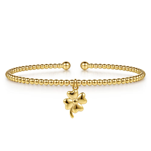 14K Yellow Gold Bujukan Beaded Four Leaf Clover Charm Cuff Bangle Bracelet