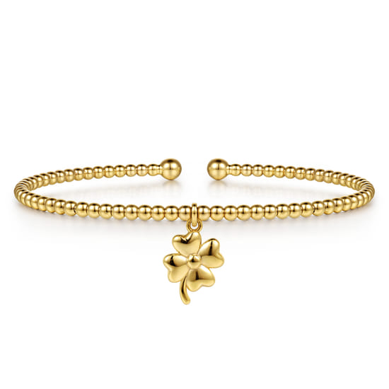 14K Yellow Gold Bujukan Beaded Four Leaf Clover Charm Cuff Bangle Bracelet 14K Yellow Gold Bujukan Beaded Four Leaf Clover Charm Cuff Bangle Bracelet