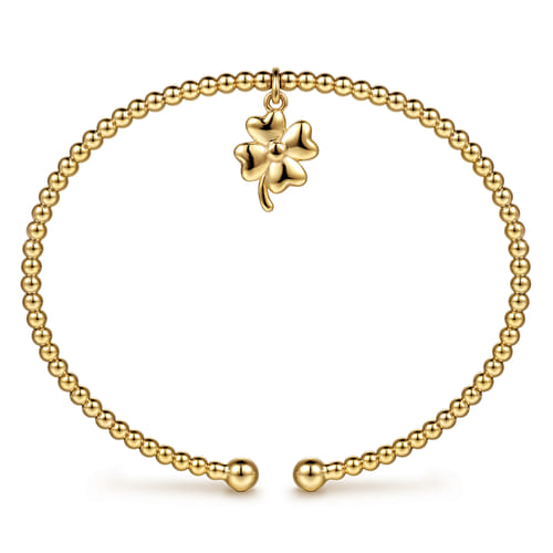 14K Yellow Gold Bujukan Beaded Four Leaf Clover Charm Cuff Bangle Bracelet