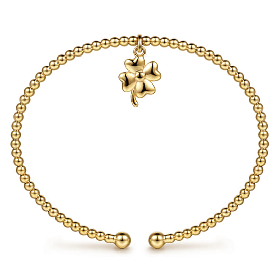 14K Yellow Gold Bujukan Beaded Four Leaf Clover Charm Cuff Bangle Bracelet angle 3 14K Yellow Gold Bujukan Beaded Four Leaf Clover Charm Cuff Bangle Bracelet angle 3