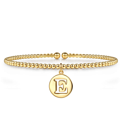 14K Yellow Gold Bujukan Beaded Initial E Charm Cuff Bangle Bracelet