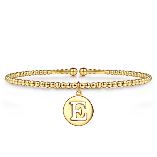 14K Yellow Gold Bujukan Beaded Initial E Charm Cuff Bangle Bracelet