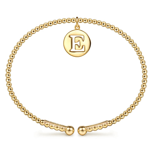14K Yellow Gold Bujukan Beaded Initial E Charm Cuff Bangle Bracelet