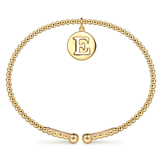 14K Yellow Gold Bujukan Beaded Initial E Charm Cuff Bangle Bracelet angle 3