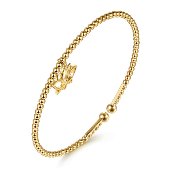 14K Yellow Gold Bujukan Beaded Lotus Flower Cuff Bangle Bracelet angle 2 14K Yellow Gold Bujukan Beaded Lotus Flower Cuff Bangle Bracelet angle 2