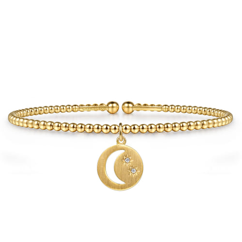 14K Yellow Gold Bujukan Beaded Moon and Diamond Star Cuff Bangle Bracelet