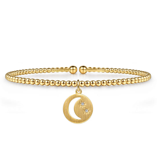 14K Yellow Gold Bujukan Beaded Moon and Diamond Star Cuff Bangle Bracelet 14K Yellow Gold Bujukan Beaded Moon and Diamond Star Cuff Bangle Bracelet