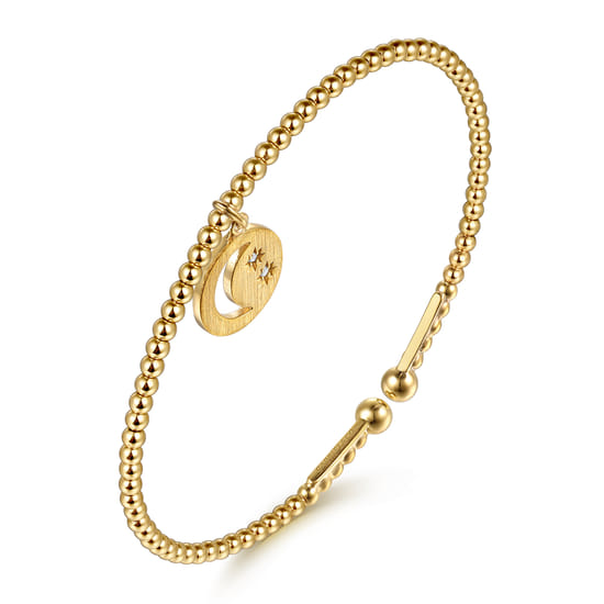 14K Yellow Gold Bujukan Beaded Moon and Diamond Star Cuff Bangle Bracelet angle 2 14K Yellow Gold Bujukan Beaded Moon and Diamond Star Cuff Bangle Bracelet angle 2