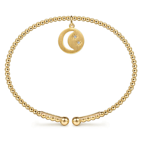 14K Yellow Gold Bujukan Beaded Moon and Diamond Star Cuff Bangle Bracelet