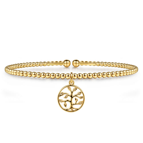 14K Yellow Gold Bujukan Beaded Tree of Life Charm Cuff Bangle Bracelet