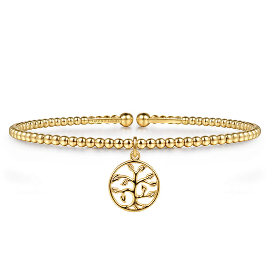 14K Yellow Gold Bujukan Beaded Tree of Life Charm Cuff Bangle Bracelet 14K Yellow Gold Bujukan Beaded Tree of Life Charm Cuff Bangle Bracelet