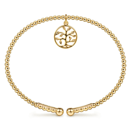14K Yellow Gold Bujukan Beaded Tree of Life Charm Cuff Bangle Bracelet