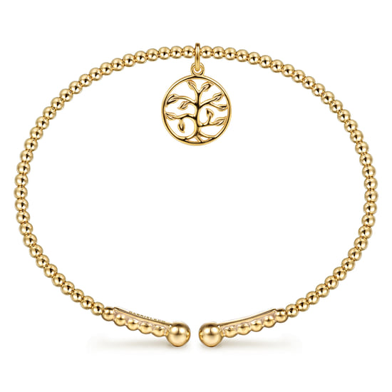 14K Yellow Gold Bujukan Beaded Tree of Life Charm Cuff Bangle Bracelet angle 3 14K Yellow Gold Bujukan Beaded Tree of Life Charm Cuff Bangle Bracelet angle 3