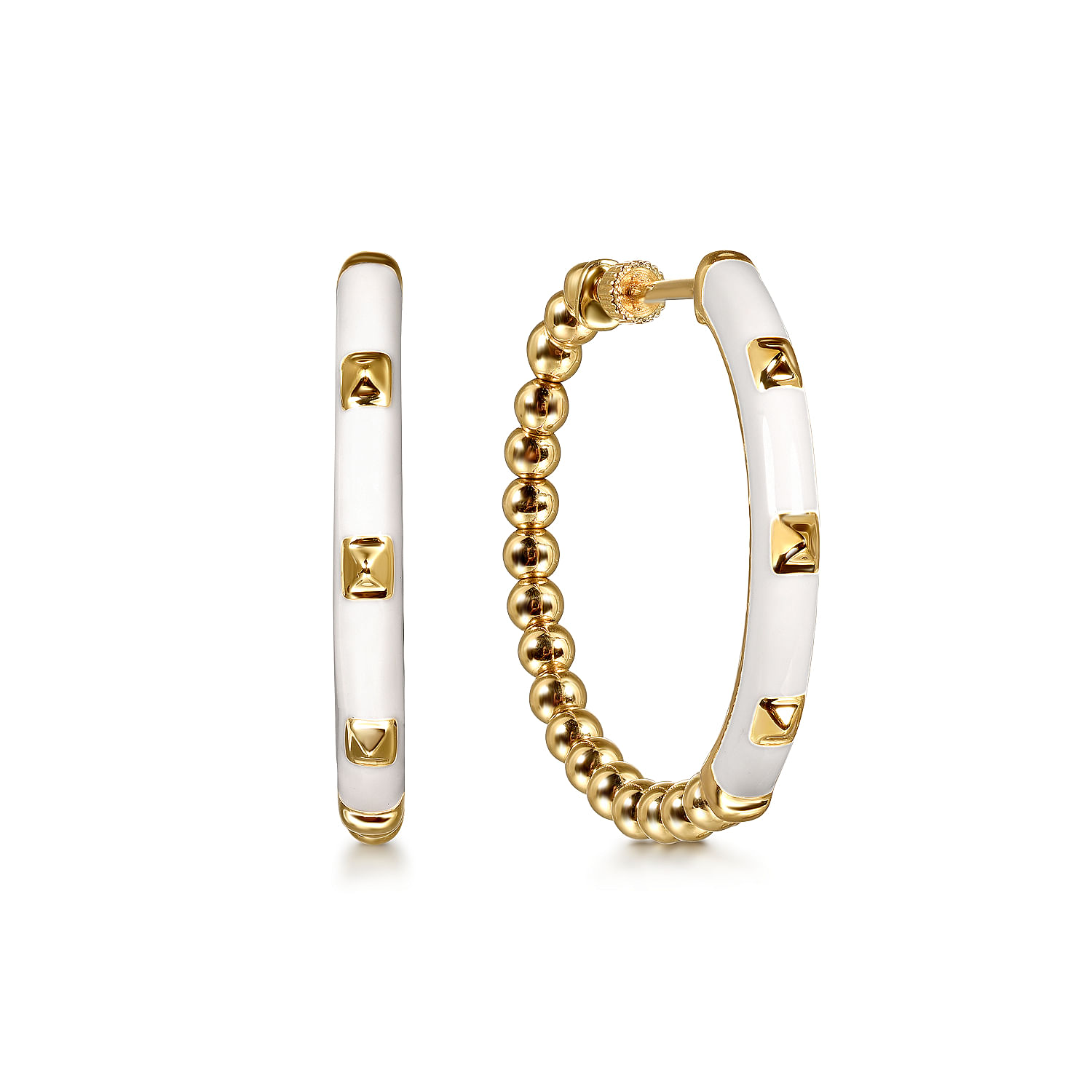14K Yellow Gold Bujukan Beads Classic Hoop Earrings with White Enamel