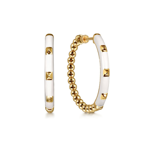 14K Yellow Gold Bujukan Beads Classic Hoop Pyramid Earrings with White Enamel