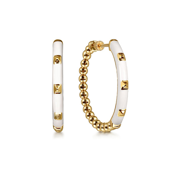 Gabriel - 14K Yellow Gold Bujukan Beads Classic Hoop Pyramid Earrings with White Enamel