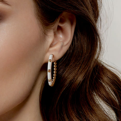 14K Yellow Gold Bujukan Beads Classic Hoop Pyramid Earrings with White Enamel