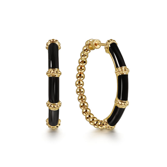 14K Yellow Gold Bujukan Beads and Bar Split Classic Hoop with Black Enamel 14K Yellow Gold Bujukan Beads and Bar Split Classic Hoop with Black Enamel