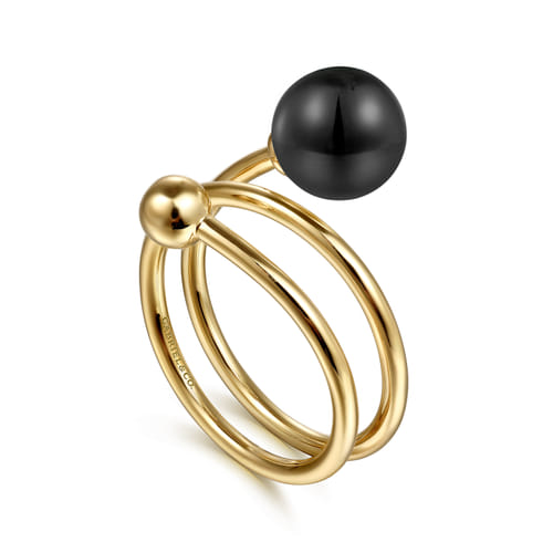 14K Yellow Gold Bujukan Beads and Black Onyx Bypass Ring