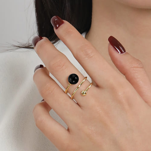 14K Yellow Gold Bujukan Beads and Black Onyx Bypass Ring