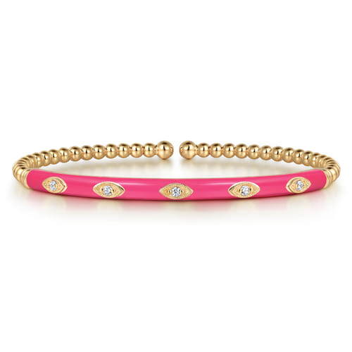 14K Yellow Gold Bujukan Beads and Diamond Split Bangle with Fuchsia Enamel