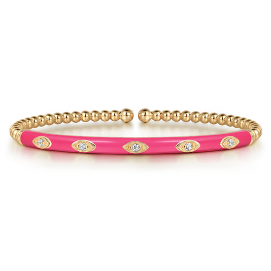 Gabriel - 14K Yellow Gold Bujukan Beads and Diamond Split Bangle with Fuchsia Enamel Gabriel - 14K Yellow Gold Bujukan Beads and Diamond Split Bangle with Fuchsia Enamel