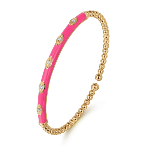 14K Yellow Gold Bujukan Beads and Diamond Split Bangle with Fuchsia Enamel
