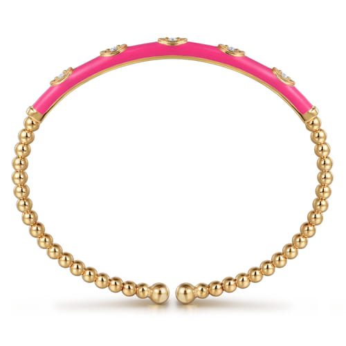 14K Yellow Gold Bujukan Beads and Diamond Split Bangle with Fuchsia Enamel