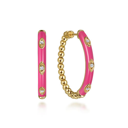 14K Yellow Gold Bujukan Beads and Diamond Split Classic Hoop with Fuchsia Enamel