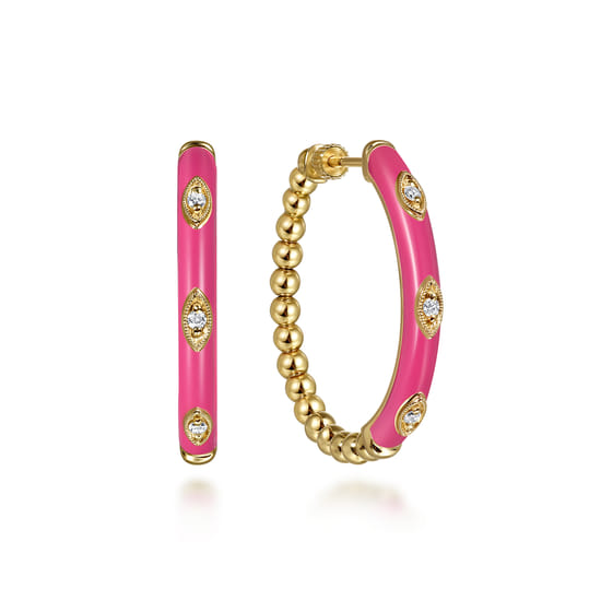 Gabriel - 14K Yellow Gold Bujukan Beads and Diamond Split Classic Hoop with Fuchsia Enamel Gabriel - 14K Yellow Gold Bujukan Beads and Diamond Split Classic Hoop with Fuchsia Enamel
