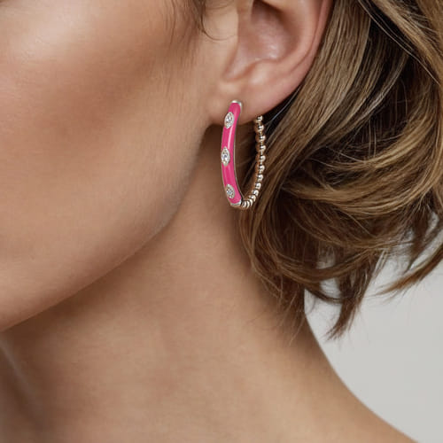 14K Yellow Gold Bujukan Beads and Diamond Split Classic Hoop with Fuchsia Enamel