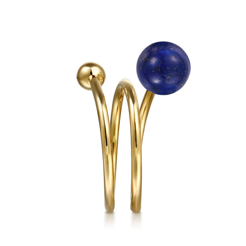 14K Yellow Gold Bujukan Beads and Lapis Bypass Ring