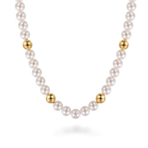 14K Yellow Gold Bujukan Beads and Pearl Station Necklace